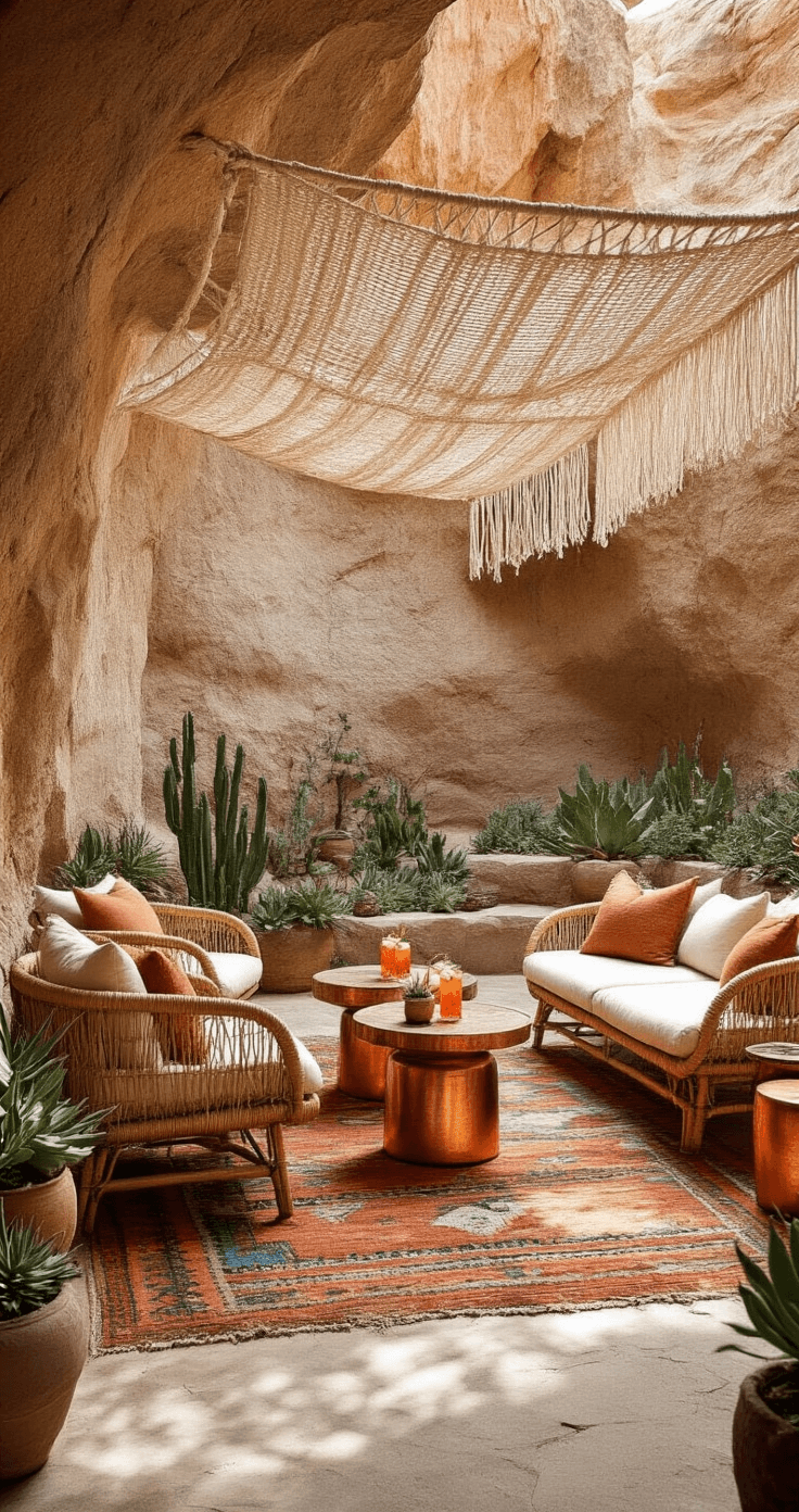 Desert Wedding Magic: Your Ultimate Guide to a Breathtaking Bohemian Celebration Intimate desert lounge with low-slung rattan furniture, cream cushions on layered Kilim rugs, and macramé shade filtering mid-afternoon light, featuring copper side tables with cocktails and potted succulents against a dramatic rock wall backdrop.
