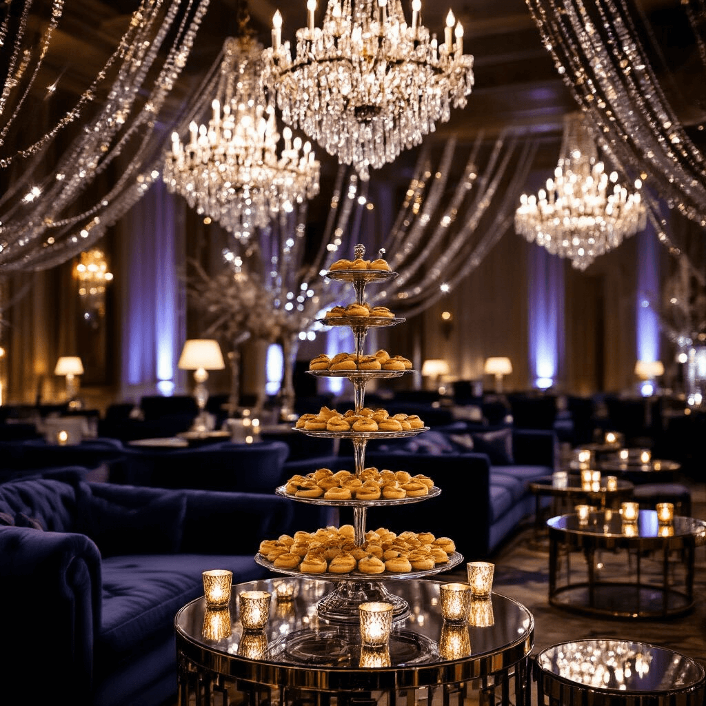An elegant New Year's Eve cocktail party in a luxurious hotel ballroom, featuring crystal chandeliers with silver and gold garlands, a central champagne tower, art deco hors d'oeuvres trays, velvet sofas, mirrored tables, and atmospheric dim lighting, captured at a slight dutch angle.
