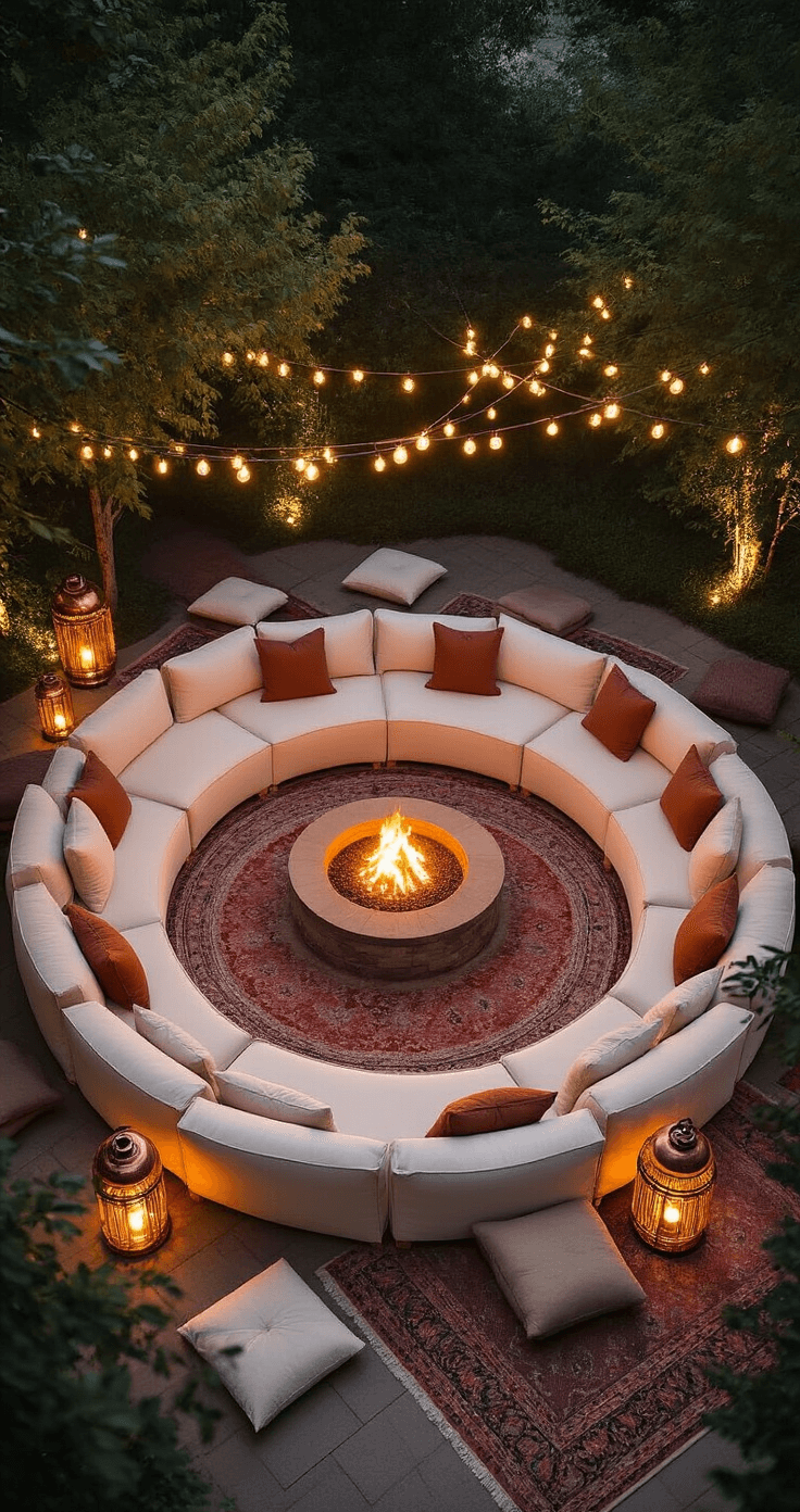 Desert Wedding Magic: Your Ultimate Guide to a Breathtaking Bohemian Celebration Aerial view of a wedding party lounge at twilight, featuring a circular arrangement of cream canvas seating around a central fire pit, oversized copper lanterns, glowing string lights, layered Turkish rugs in blush and terra cotta, and an abundance of floor cushions and throw blankets.