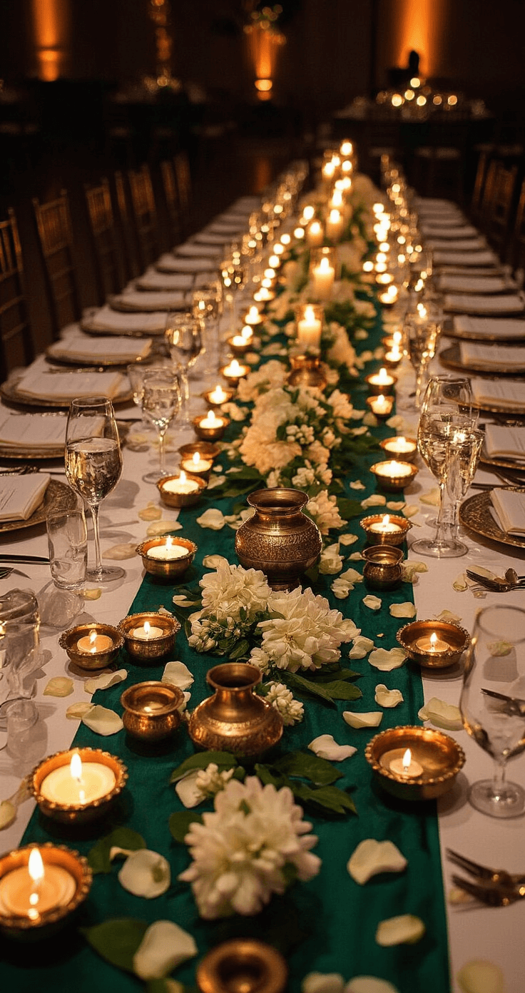 Intimate tablescape featuring a 6ft round dining table adorned with an emerald green silk runner, fresh jasmine blooms, scattered rose petals, and vintage brass vessels with floating candles, all illuminated by warm light from traditional brass diyas in a dimly lit ballroom.