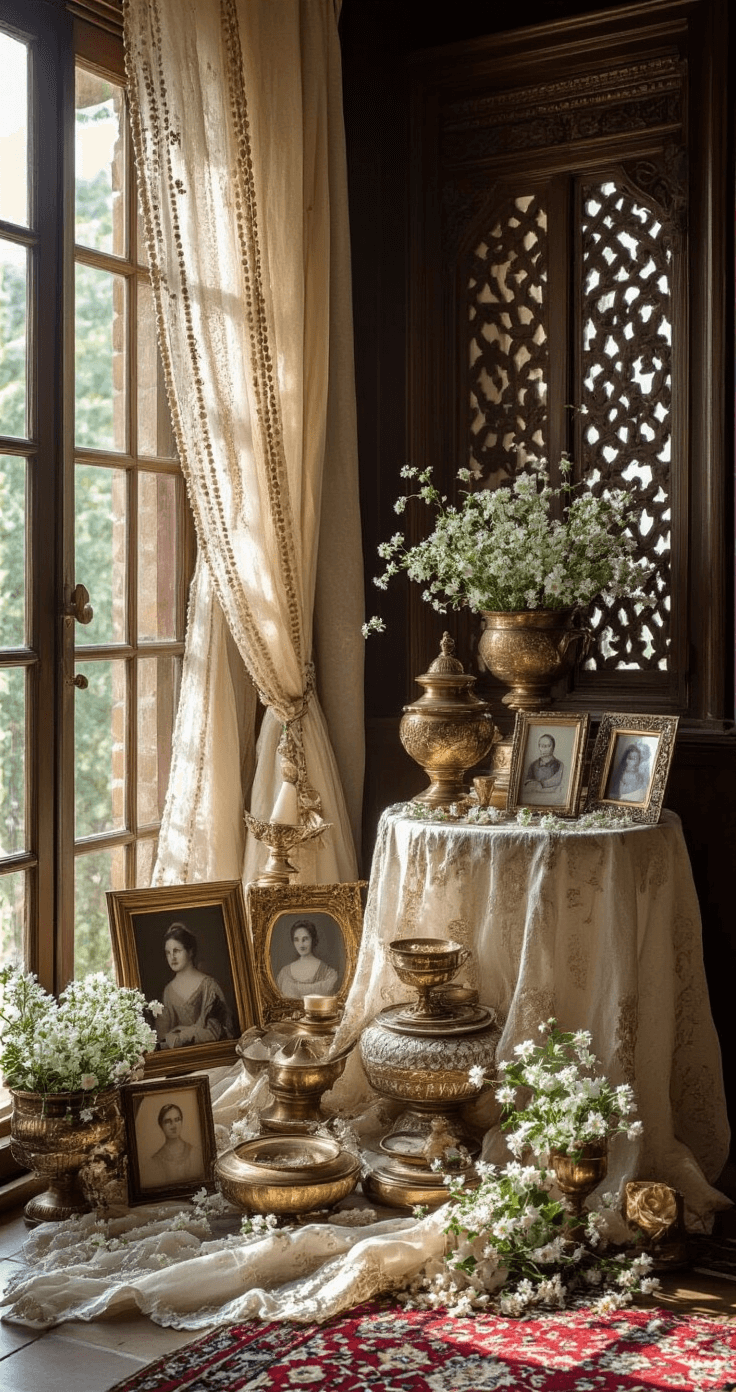 A corner altar vignette featuring vintage brass collections on tiered platforms, draped in beaded silk fabric. Afternoon light filters through jali screens, creating intricate shadows. Family photographs in ornate frames are surrounded by fresh jasmine strings, all in a rich palette of antique brass, ivory, and deep red.