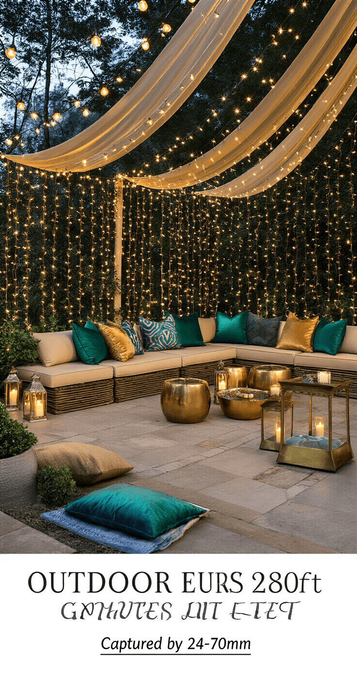 A cozy outdoor evening lounge featuring a 20x30ft garden space adorned with a suspended fabric canopy and hundreds of string lights, creating a starlit effect. Low seating with jewel-toned silk cushions in emerald, sapphire, and gold, alongside brass accent tables, complemented by lanterns and candles at varying heights. The scene is captured at golden hour, showcasing the transition from day to evening light.