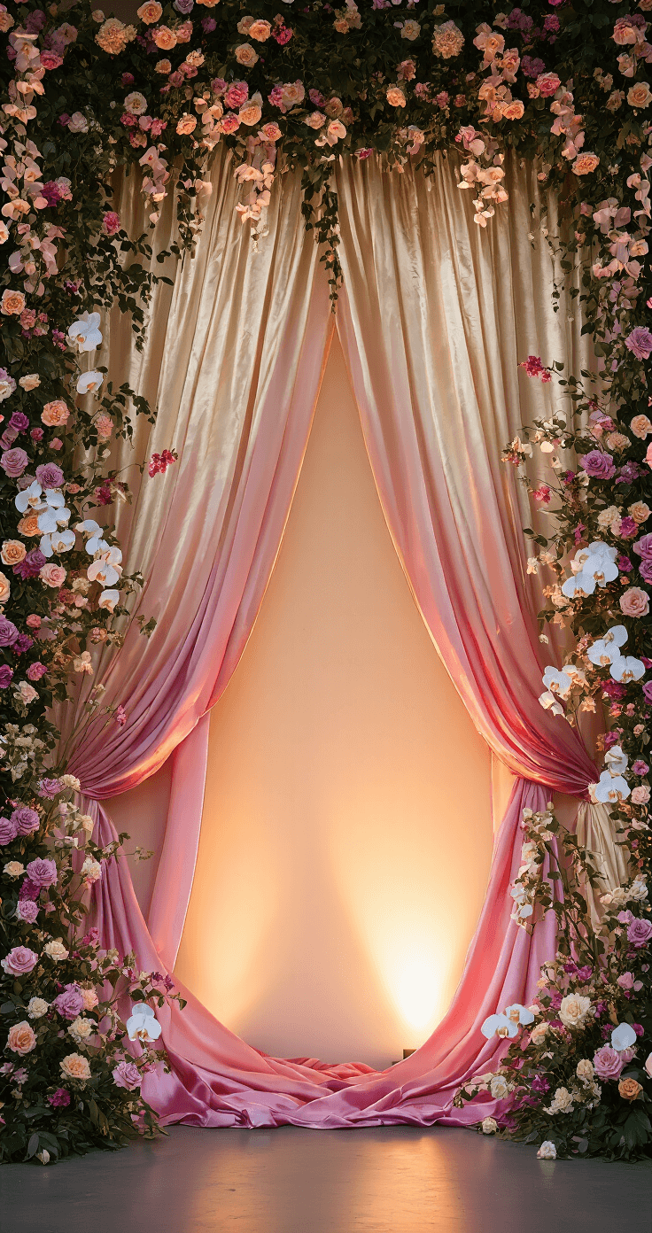 Dramatic stage backdrop featuring 24ft-wide draped silk in ombré sunset colors of coral, blush, deep purple transitioning to gold, framed by oversized floral arrangements with cascading orchids and roses, enhanced by upward lighting casting dramatic shadows.