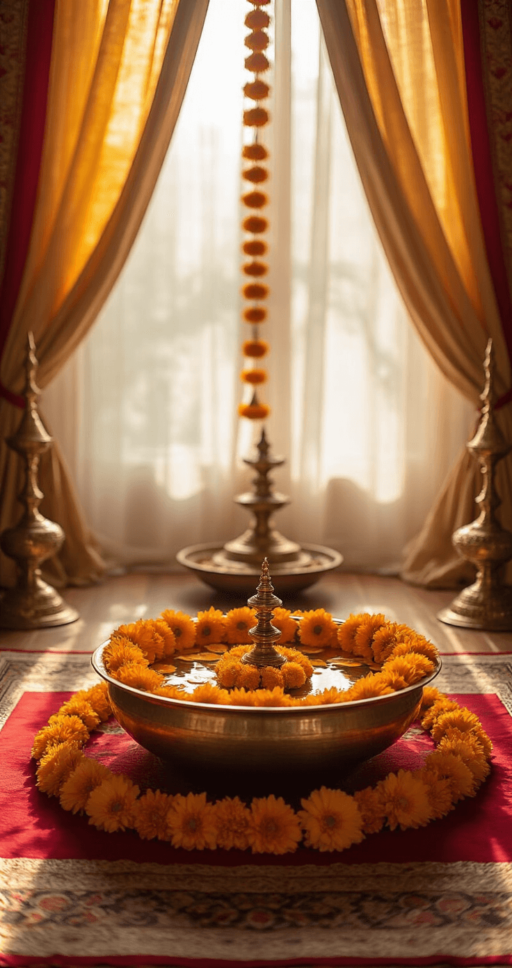 An intimate puja area features a brass urli bowl filled with floating marigolds and lotus flowers, surrounded by traditional brass lamps. Morning light filters through sheer curtains, illuminating a vintage silk sari backdrop with intricate mirror work. The scene is set in a symmetrical arrangement with a warm color palette of red, yellow, and gold, accented by brass elements.