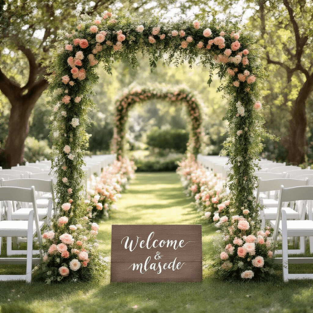 Wedding Garlands: The Ultimate Guide to Creating Stunning Floral Displays for Your Special Day A sunlit garden wedding ceremony with a lush floral arch, rows of white chairs adorned with flower posies, and an ethereal altar. The floral garland features blush roses and greenery, while soft light filters through trees, casting shadows on the grass. A vintage wooden sign with calligraphy welcomes guests, surrounded by a dreamy color palette of cream, blush pink, and sage green.