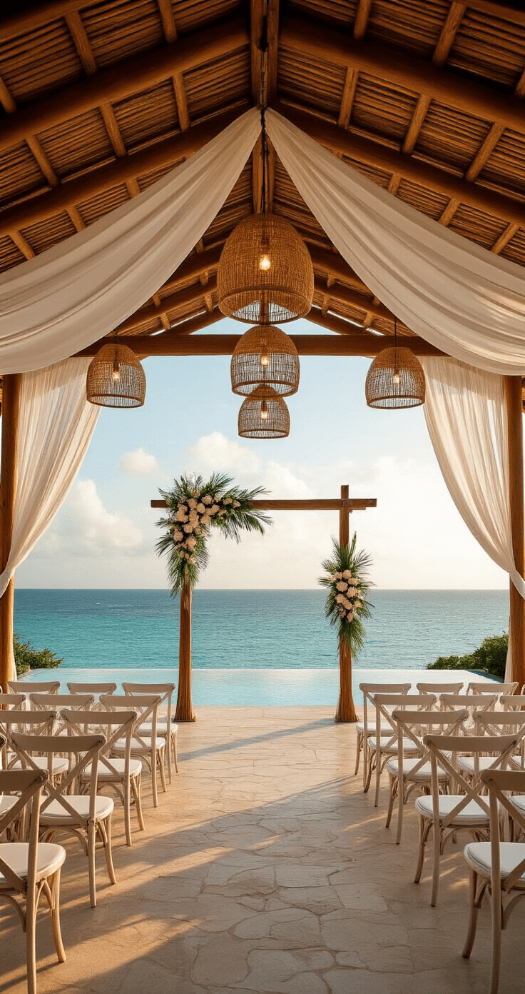A stunning tropical wedding venue featuring a spacious open-air pavilion with a bamboo roof, billowing white fabric panels, and an infinity pool overlooking a turquoise ocean at golden hour. Neat rows of white cross-back chairs face a driftwood arch adorned with white orchids and monstera leaves, illuminated by clustered rattan pendant lights. The scene captures elegant tropical sophistication with warm natural lighting.