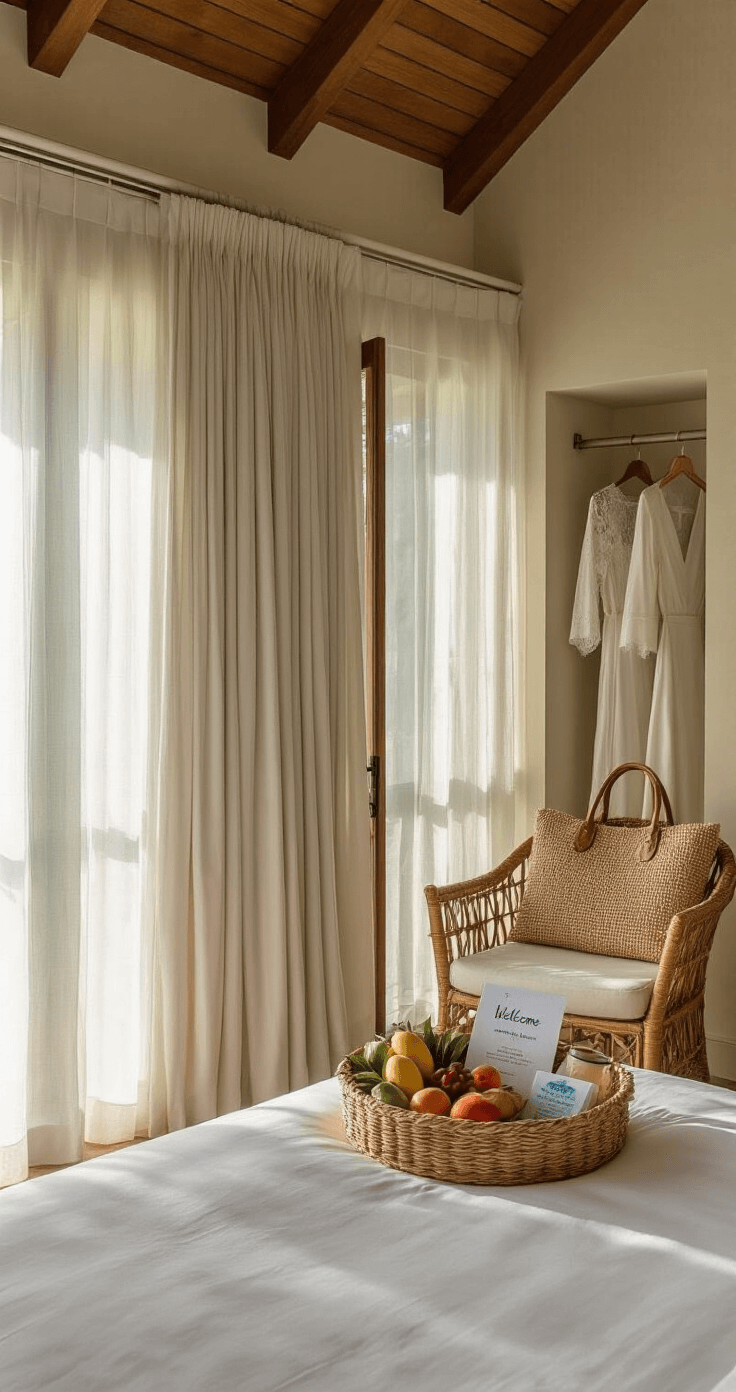 Intimate hotel room featuring a king bed with white linens, a welcome basket with local fruits and reef-safe sunscreen, and a rattan chair with a beach bag, all bathed in soft mid-morning light.