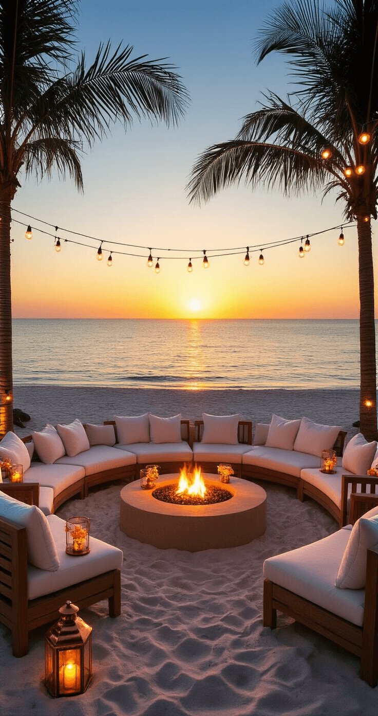 Intimate beachfront cocktail hour setup at sunset, featuring a circular sandy lounge area with low teak sofas, a central fire pit, and glowing copper lanterns, surrounded by palm trees adorned with lights, capturing a warm and elegant atmosphere.