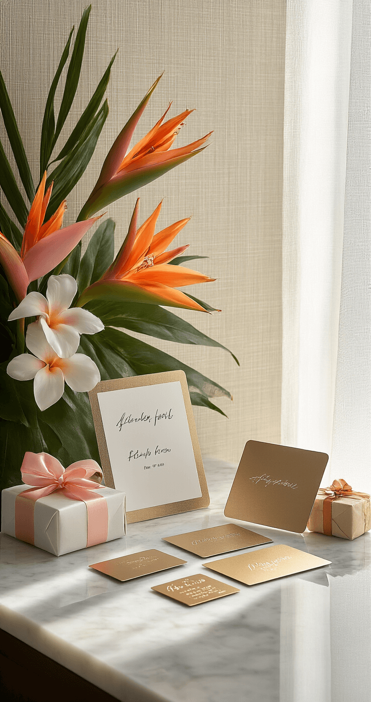 A sophisticated hotel room desk area featuring metallic gift cards and small wrapped presents arranged on a marble surface, complemented by tropical blooms and ribbon accents, with handwritten notes leaning against textured wallpaper, all captured in soft afternoon light at a 45-degree angle.
