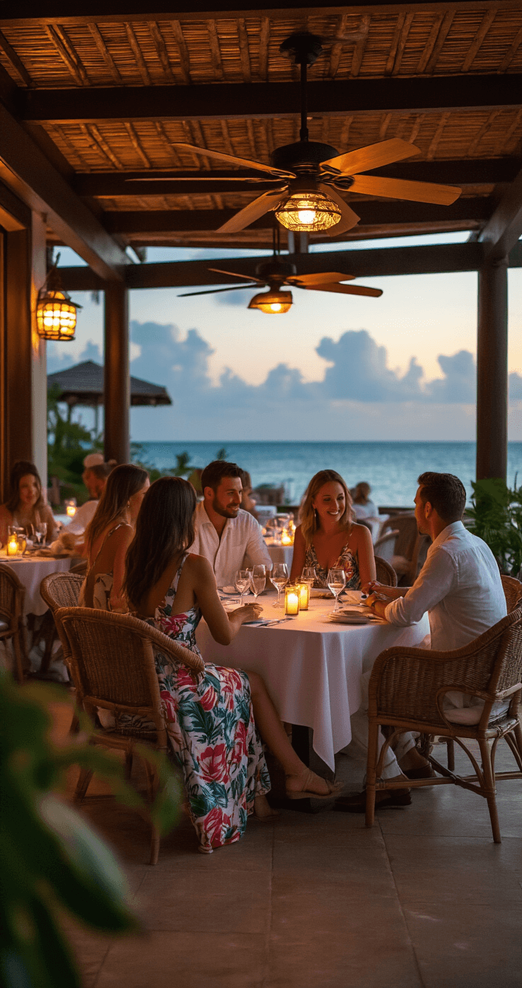 Open-air restaurant terrace at dusk featuring couples in flowing resort wear seated at candlelit tables with white tablecloths, surrounded by rattan ceiling fans and warm mixed lighting, creating a casually sophisticated atmosphere.