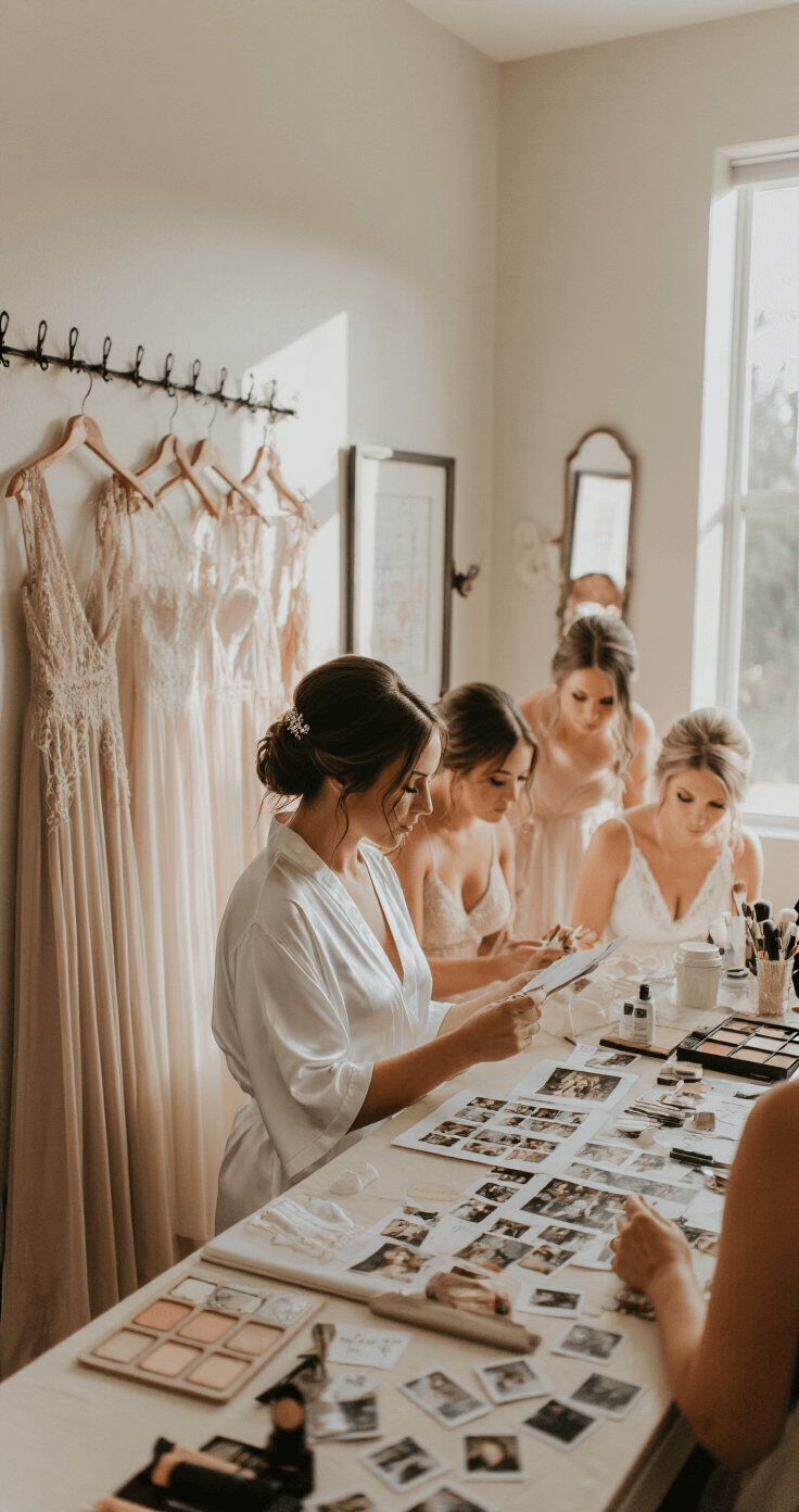 A bright getting ready suite filled with natural morning light, featuring a bride in a white robe reviewing a photo timeline, while bridesmaids organize dresses on decorative hooks. A makeup station displays scattered polaroids and a handwritten schedule, with multiple reflecting mirrors in view, creating an intimate atmosphere of anticipation.