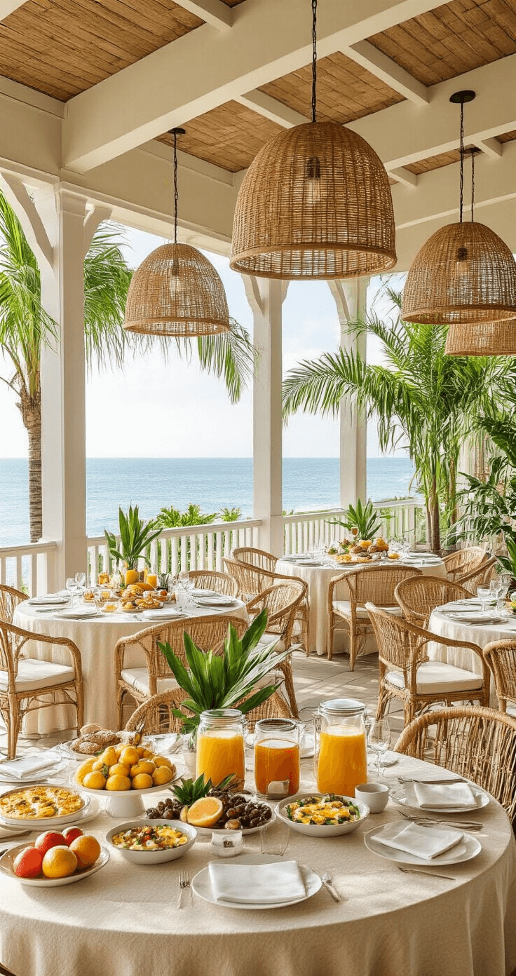 A spacious covered veranda set for a farewell brunch, featuring round tables with textured ivory linens and rattan pendant lights. Stations showcase tropical fruit displays, made-to-order omelets, and fresh juices in glass dispensers. Potted palms provide natural dividers, and hints of the ocean can be seen in the background. The scene is bathed in bright natural light, creating a relaxed luxury atmosphere.