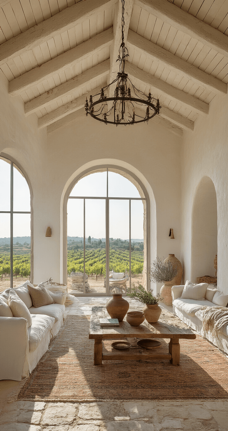 A sun-drenched Mediterranean living room with vaulted whitewashed beam ceilings, massive arched windows overlooking olive groves, cream linen sofas, rustic wooden coffee table with ceramics, vintage kilim rugs on stone flooring, and a wrought iron chandelier, all bathed in warm golden light.
