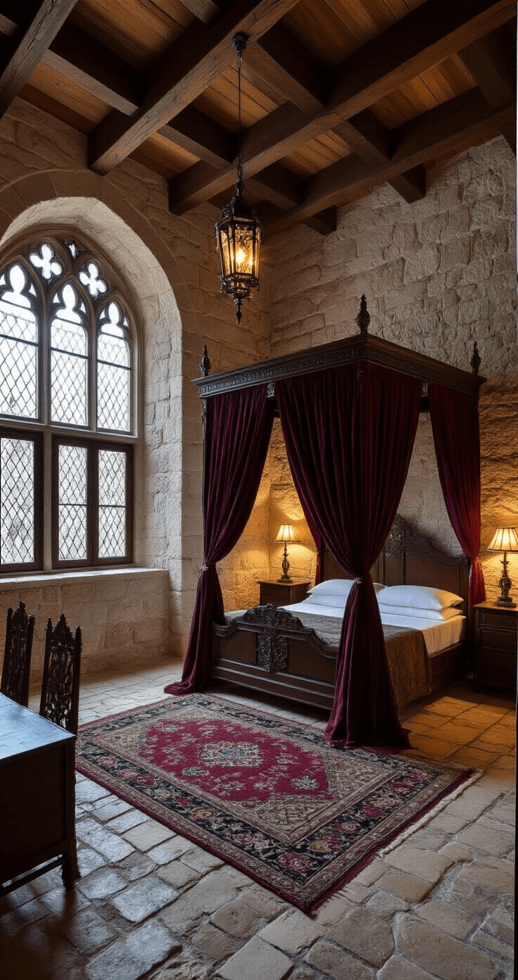 A medieval stone-walled bedroom with Gothic windows, featuring a four-poster bed draped in burgundy velvet, ornate wooden furniture, and antique brass lanterns, set in moody lighting that highlights the intricate details and regal atmosphere.