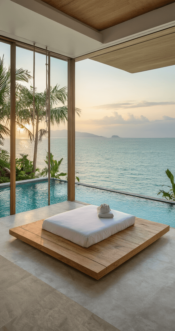 A serene beachfront villa at sunrise with an open-plan living space, featuring floor-to-ceiling glass walls, a teak platform bed, tropical décor, and polished concrete floors leading to an infinity pool terrace, surrounded by ocean views and lush greenery.