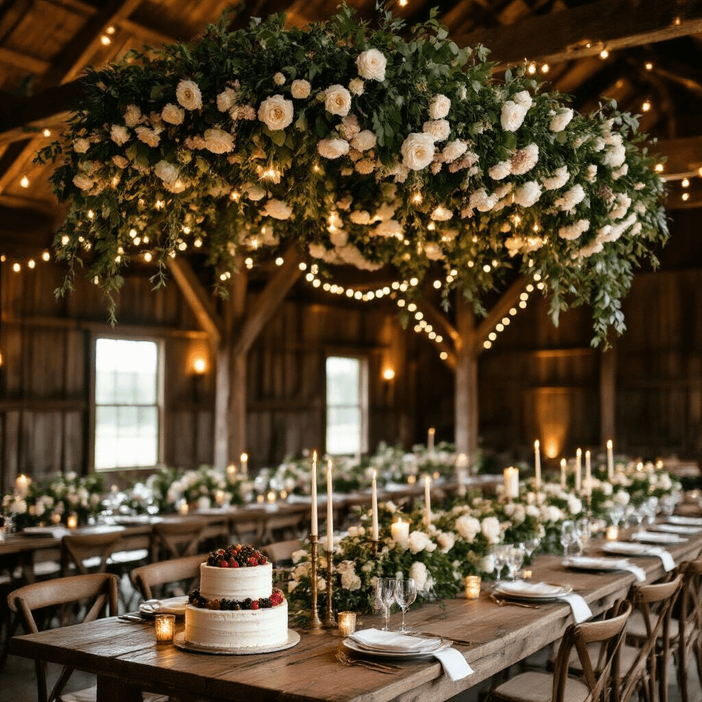 Wedding Garlands: The Ultimate Guide to Creating Stunning Floral Displays for Your Special Day Intimate candlelit barn reception featuring long wooden tables with white linens and vintage china, surrounded by lush floral overhead installation of greenery and white roses, with warm fairy lights and a dessert table showcasing a naked cake topped with figs and berries.
