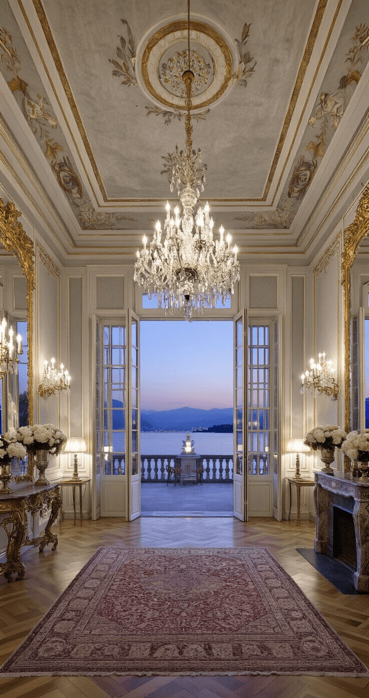 A grand reception room at Lake Como featuring frescoed ceilings, crystal chandeliers, and French doors leading to a lakeside terrace, adorned with Baroque mirrors, marble fireplaces, and silk damask walls, all illuminated by dramatic uplighting, showcasing an opulent and sophisticated atmosphere.
