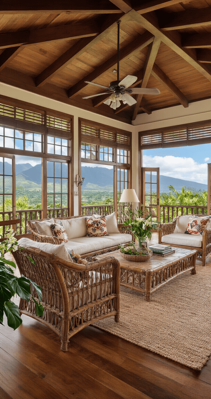 Restored great room in a Maui plantation house featuring a 14ft ceiling, vintage fans, wraparound windows with mountain and ocean views, rattan furniture, traditional Hawaiian quilts, koa wood accents, fresh tropical arrangements, and bright natural light filtered through plantation shutters.