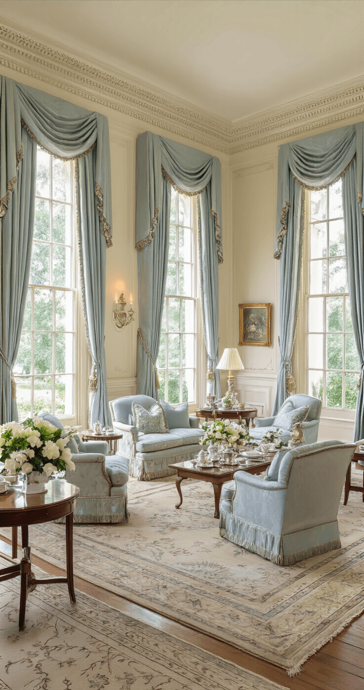 A beautifully decorated Southern parlor in an elegant Charleston mansion, featuring 16ft ceilings with crown molding, silk drapes, and traditional furnishings in soft blues and creams. The scene showcases a mahogany table set with a silver service for afternoon tea, surrounded by fresh magnolia and hydrangea arrangements. Heart pine floors are adorned with needlepoint rugs, and soft natural light fills the room, enhancing its gracious and refined atmosphere.