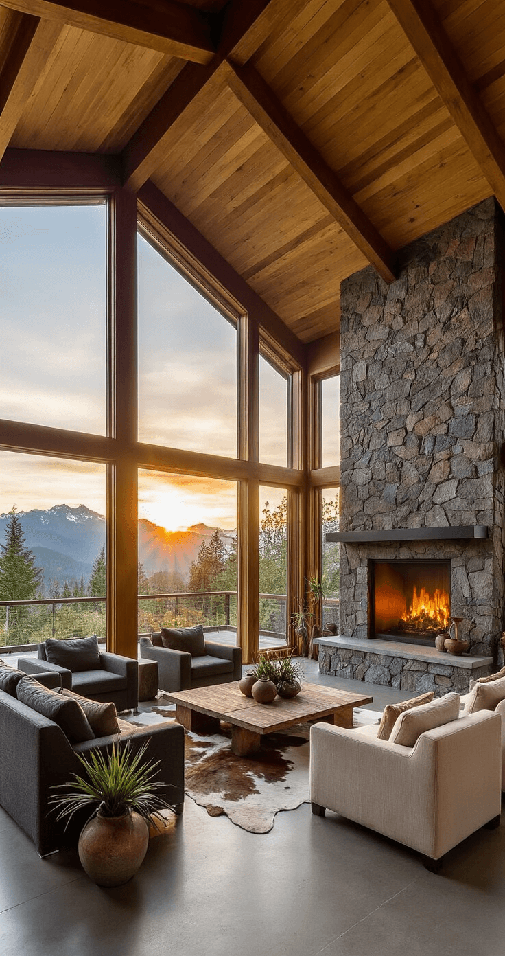 Modern great room in a Pacific Northwest lodge at sunset, featuring dramatic 25ft windows, a massive stone fireplace, contemporary charcoal and cream furniture, and local artisan woodwork, with native plant arrangements and heated concrete floors accented by cowhide rugs.