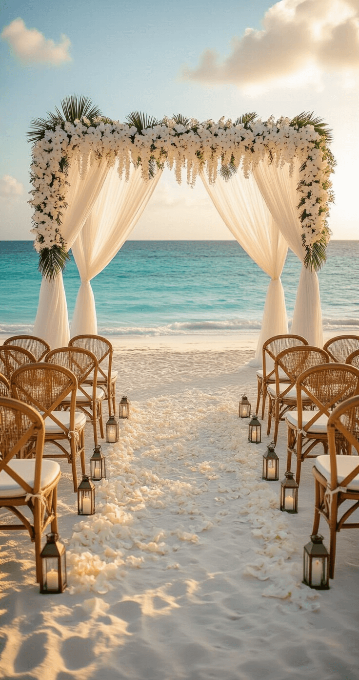 A luxurious beachfront wedding setup in Cancun at golden hour, featuring a 40-foot-long white fabric-draped arch adorned with cascading white orchids and palm fronds, with natural rattan chairs, bronze lanterns lining the aisle, and soft sea breeze moving the fabric, all bathed in warm honey-gold light.