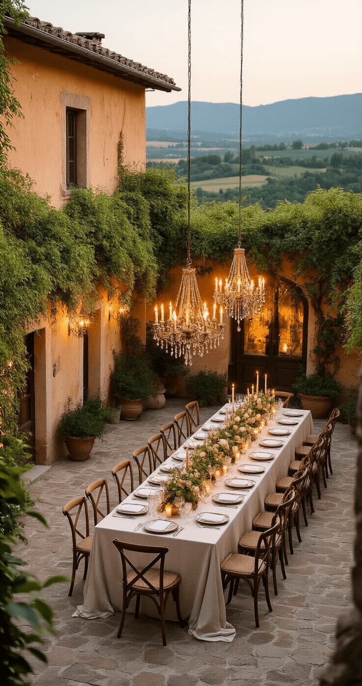 An elevated view of an intimate Tuscan villa courtyard wedding reception at dusk, featuring a stone-paved courtyard with weathered ochre walls draped in wisteria, a long farm table set for 24 with ivory linens, vintage brass chandeliers, taper candles, and organic centerpieces of olive branches, garden roses, and wild herbs, all surrounded by rustic wooden cross-back chairs, with distant rolling hills visible beyond the courtyard walls.