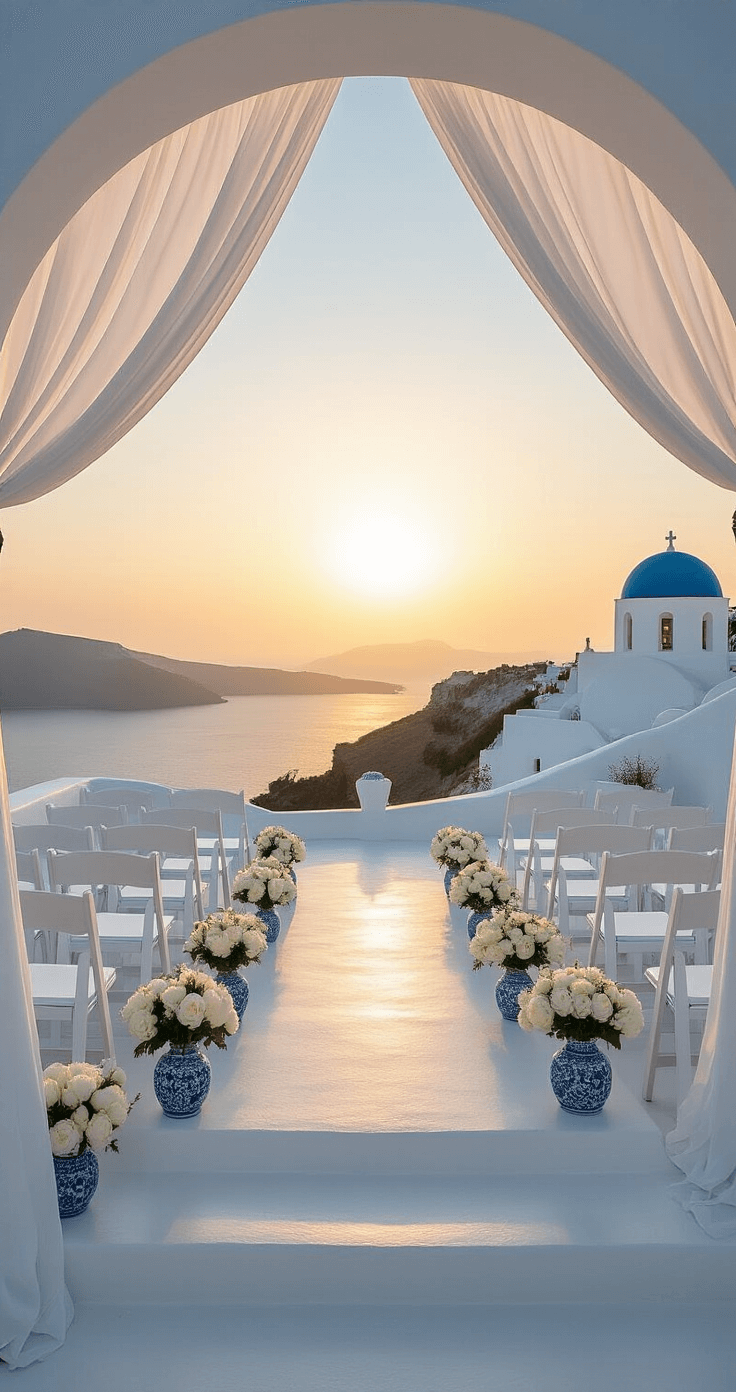 A picturesque clifftop wedding ceremony setup in Santorini at sunset, featuring a minimalist white structure adorned with silk panels and peonies, surrounded by ghost chairs in curved rows, overlooking the caldera and a blue dome church, with blue-and-white ceramic vessels filled with local wildflowers lining the steps.