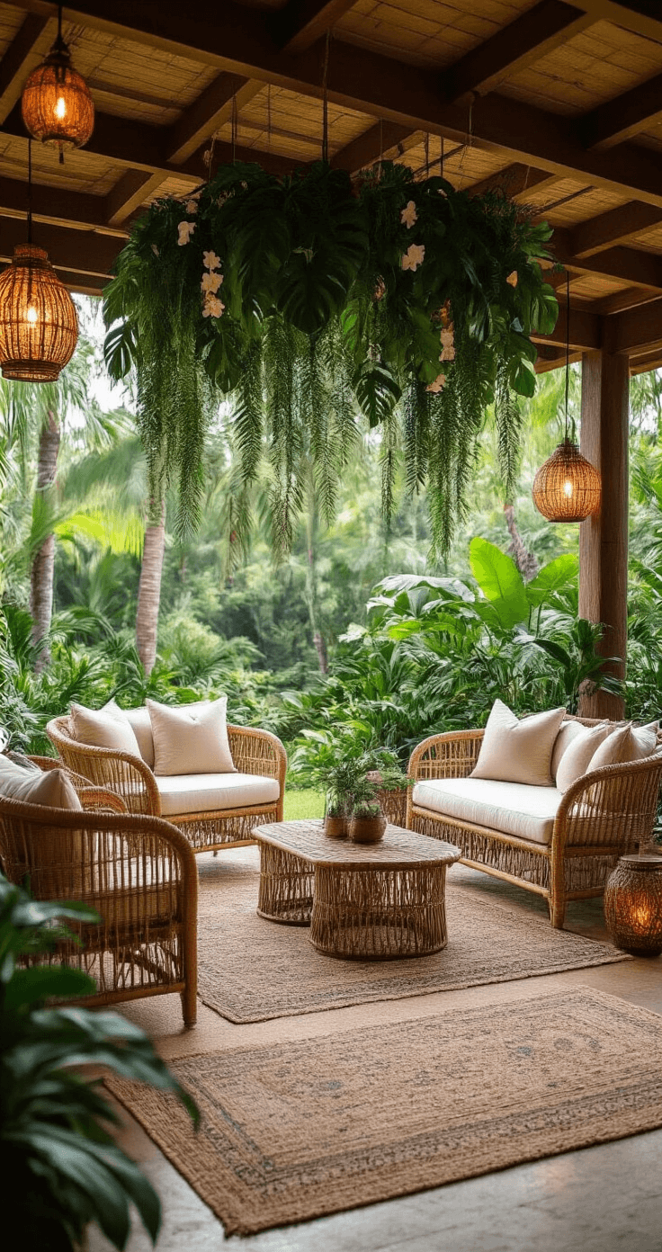 A tranquil Hawaiian rainforest wedding lounge area featuring modern rattan furniture with cream cushions, vintage tribal rugs, and hanging monstera leaves and orchids under a covered lanai, with ambient lighting from copper lanterns and string lights, all surrounded by a lush tropical garden.