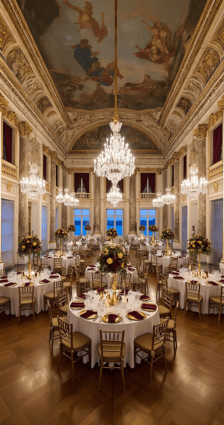 A grand Venice palace ballroom reception set for the evening, featuring high frescoed ceilings, crystal chandeliers, and round tables adorned with silk damask linens and antique gold chargers, surrounded by gilded candelabras with jewel-toned floral arrangements, all reflected in the parquet floors.