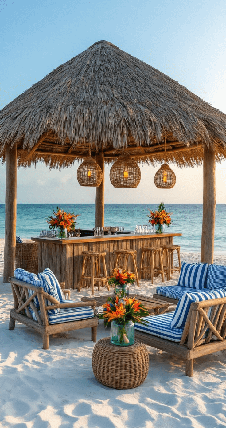 A picturesque Caribbean beach welcome party setup in a thatched-roof pavilion on white sand, featuring teak lounge furniture with striped cushions, a rustic bar with surfboard decor, and ambient lanterns, all illuminated by golden hour lighting with floral arrangements in glass vases, shot from above.