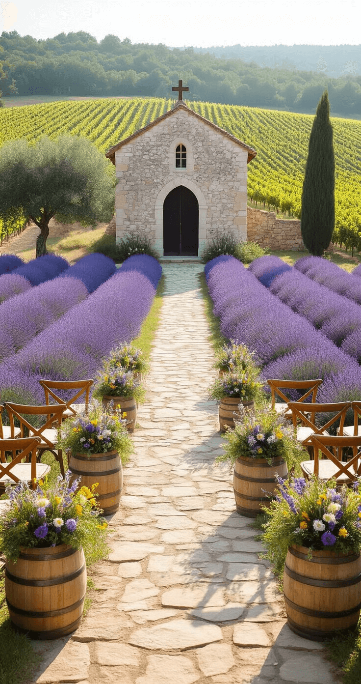 A picturesque French vineyard ceremony set in a 40x60ft lavender field, featuring a stone chapel backdrop, wooden cross-back chairs in curved rows, vintage wine barrels with wildflower arrangements, and potted olive trees lining the aisle, all bathed in soft morning light.