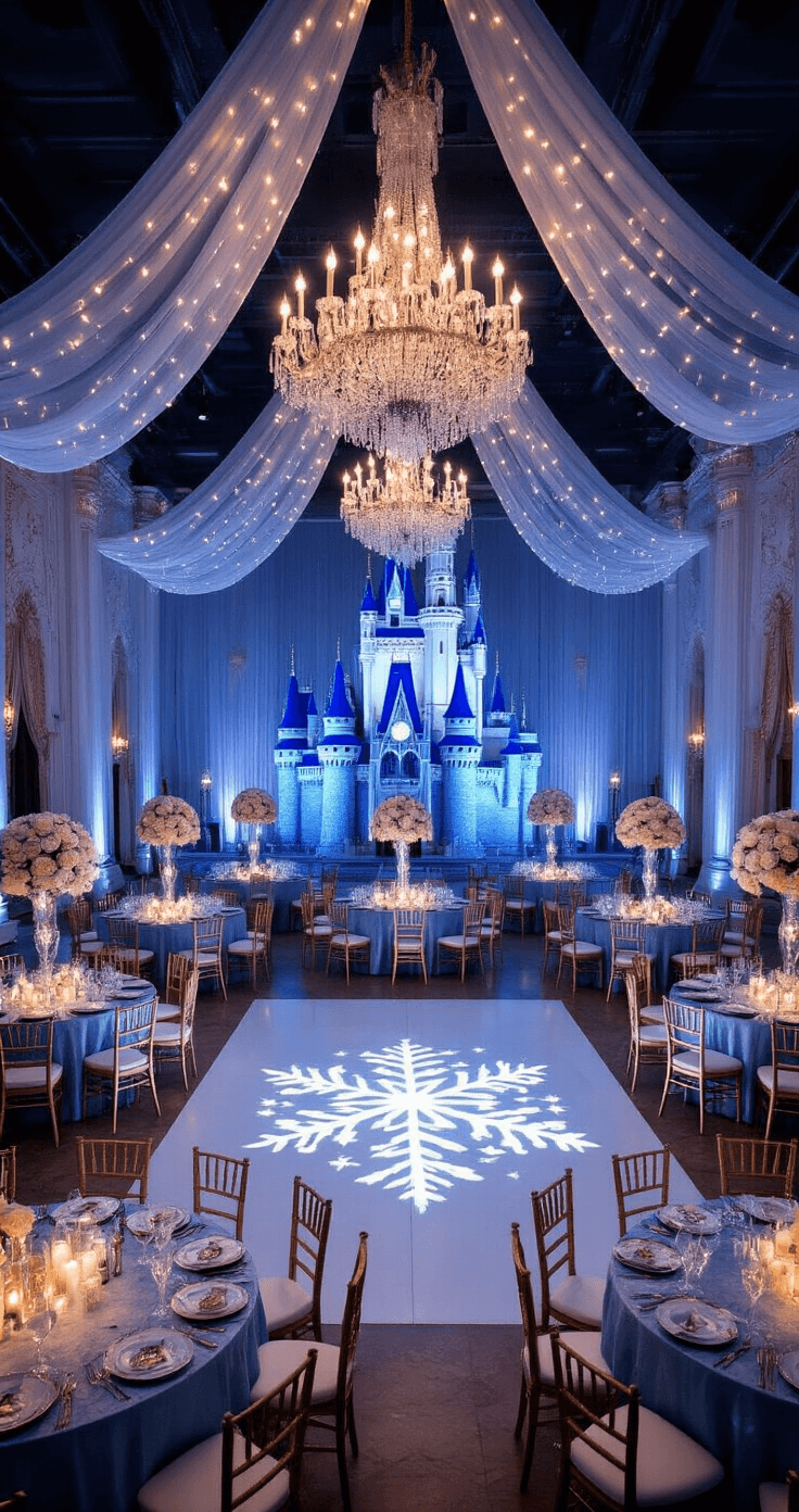 A grand ballroom reminiscent of Cinderella's castle, featuring high ceilings, crystal chandeliers, and elegantly dressed tables with elevated rose centerpieces, illuminated by twinkle lights and a soft blue hour ambiance.