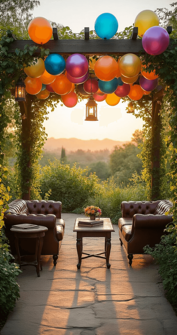 An intimate garden reception scene inspired by Up, featuring a 15x30ft pergola adorned with climbing roses and lanterns, with metallic rainbow balloons floating above. Vintage furnishings, including a weathered leather armchair and a side table displaying Carl & Ellie's Adventure Book, are surrounded by grape vines and string lights. The image is shot wide at 24mm during golden hour, with natural lighting enhanced by subtle fill flash.