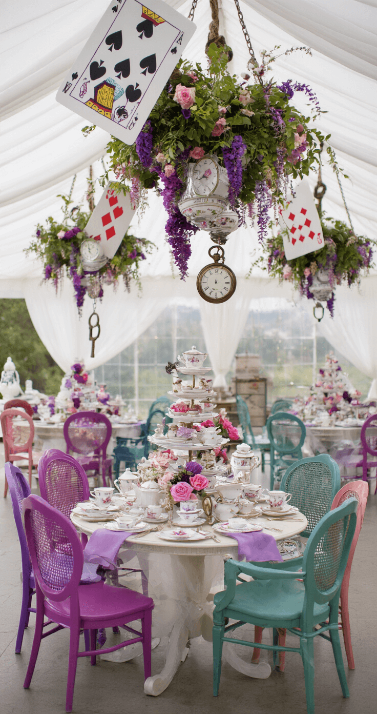 A whimsical tea party setting inspired by Alice in Wonderland, featuring a long imperial table surrounded by mismatched vintage chairs in jewel tones. The table is adorned with stacked teacups, pocket watches, and cascading purple and pink flowers, while giant playing cards and oversized keys hang overhead, all softly illuminated by diffused natural light.