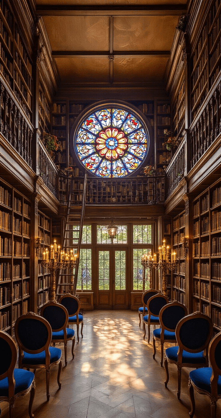 A beautifully arranged ceremony setup in a two-story library, featuring book-lined walls, a stained glass rose window casting colorful light, an aisle adorned with brass candelabras holding red roses, and deep blue velvet French provincial chairs, all illuminated by warm golden evening light.