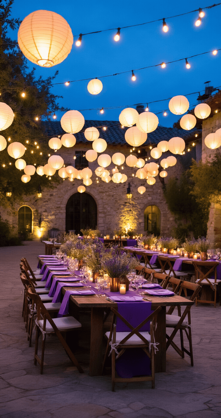An enchanting outdoor evening reception inspired by Tangled, featuring a stone courtyard adorned with thousands of glowing paper lanterns, long farm tables draped in purple linens with copper accents, and fresh lavender and wildflowers in copper vessels, all captured at blue hour with dramatic lighting.