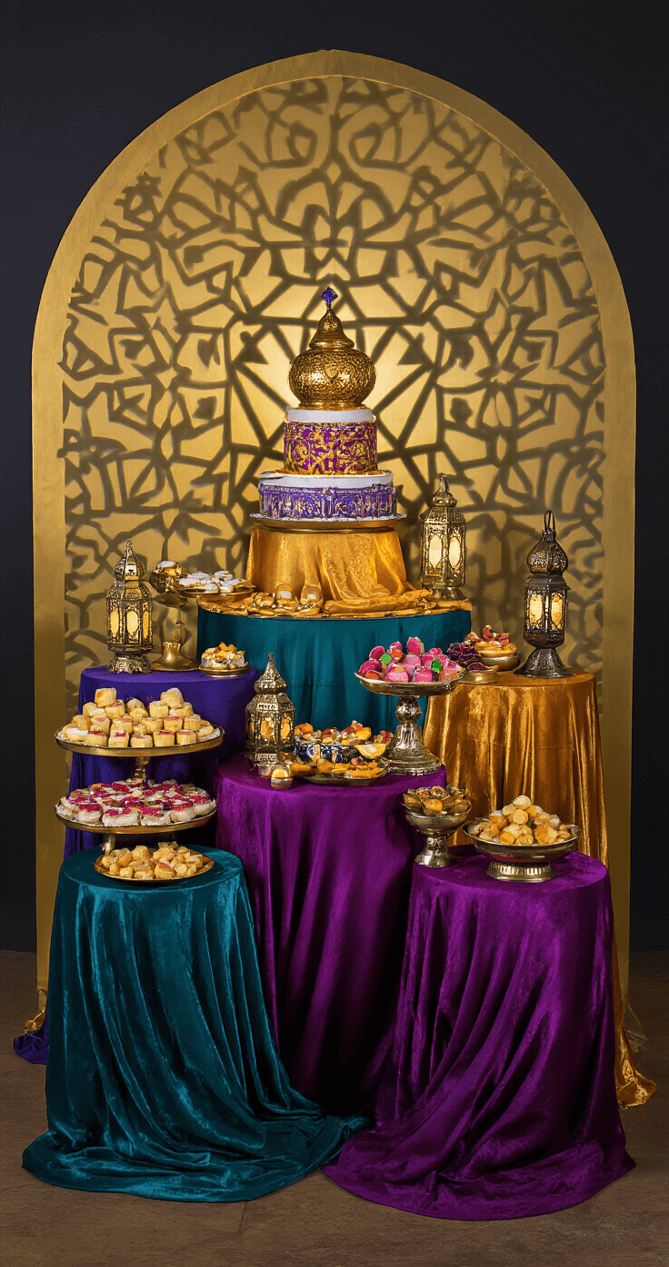 An exquisite dessert display inspired by Aladdin's Cave of Wonders, featuring tiered tables draped in jewel-toned fabrics with Arabian-inspired desserts, set against a geometric gold backdrop with shifting patterns. Moroccan lanterns cast intricate shadows, complemented by gold serving pieces and a rich purple and teal color palette, illuminated with dramatic studio lighting.