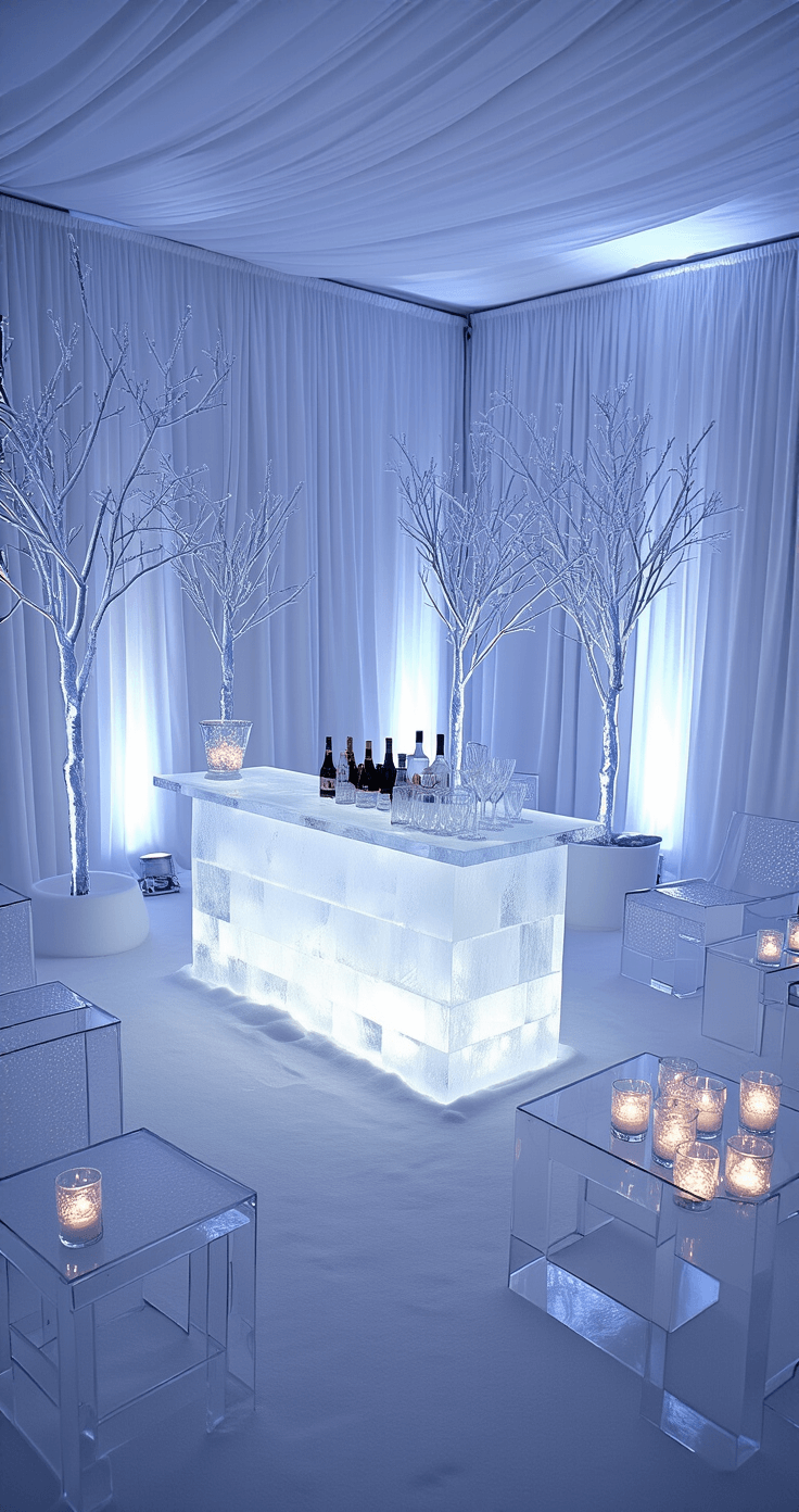 An overhead view of a frozen winter wonderland cocktail hour featuring an ice sculpture bar, illuminated acrylic furniture, and crystal branches. The scene is adorned with silver sequined linens and frosted glass vessels, enhanced by cool blue uplighting and a cool white balance for a glacial effect.