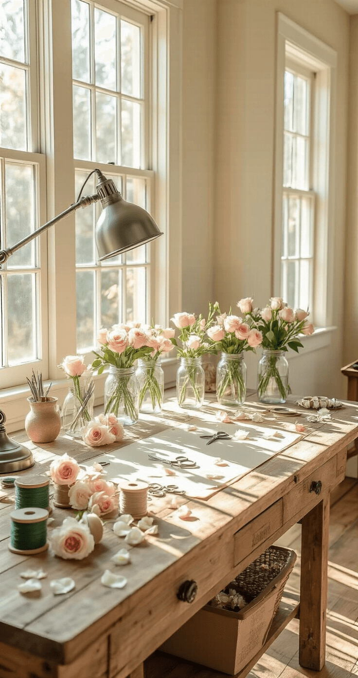 A sunlit home studio workspace featuring a vintage wooden workbench organized with boutonniere-making supplies, including mason jars of fresh roses, floral scissors, and emerald floral tape, set against soft cream walls and honey-toned floors.