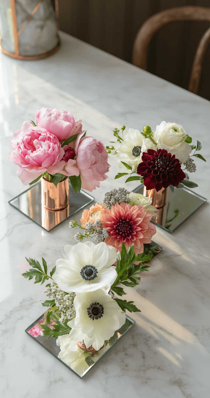 An intimate 3/4 view of a white marble countertop showcasing four seasonal boutonniere designs—Spring peonies, Summer dahlias, Fall ranunculus, Winter anemones—arranged on antiqued mirror tiles, with warm copper accents and dreamy bokeh.