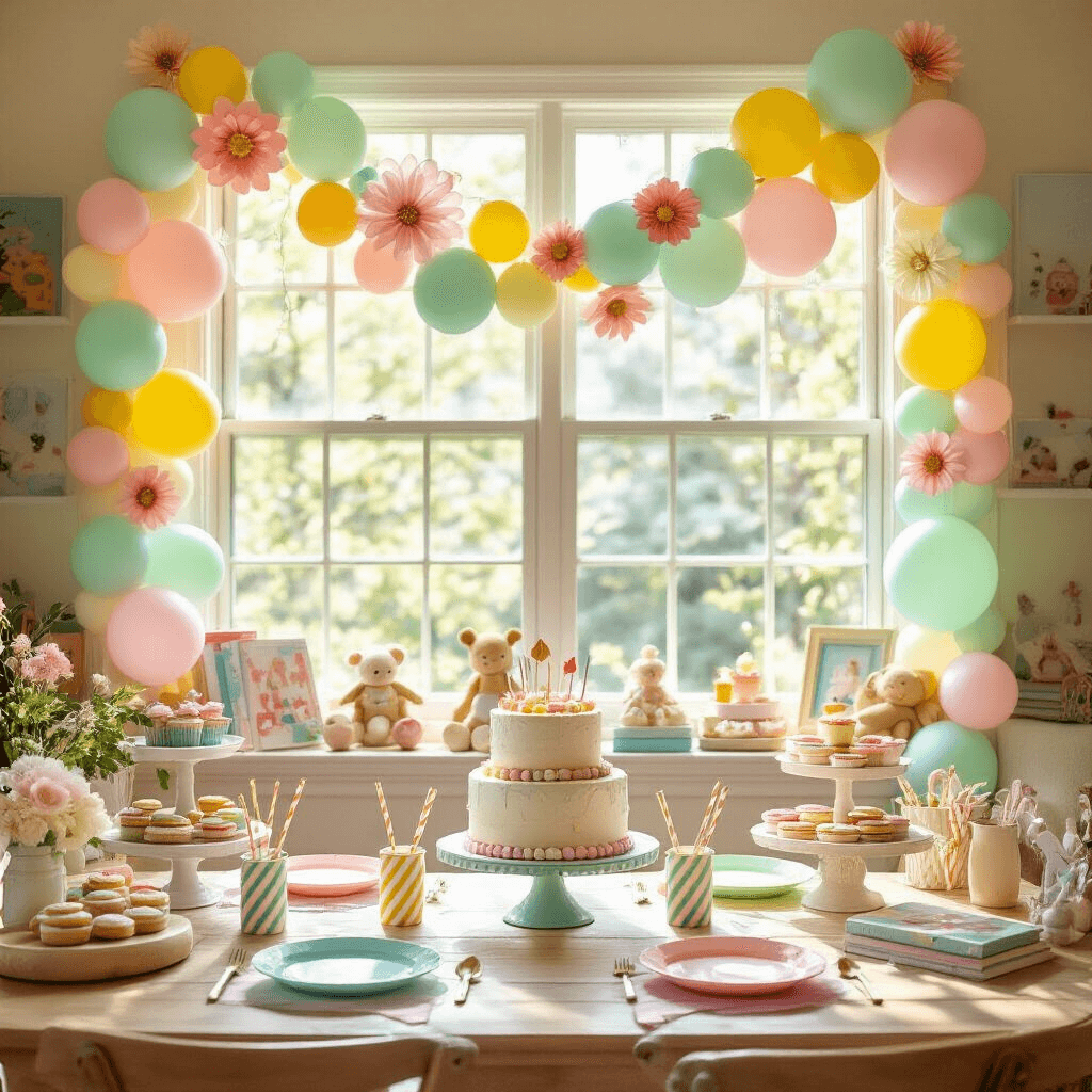 Wedding Garlands: The Ultimate Guide to Creating Stunning Floral Displays for Your Special Day A whimsical children's birthday celebration in a sun-filled living room, featuring a pastel balloon garland, colorful melamine plates, a tiered birthday cake, and a cheerful mix of mint green, lemon yellow, and cotton candy pink decor.