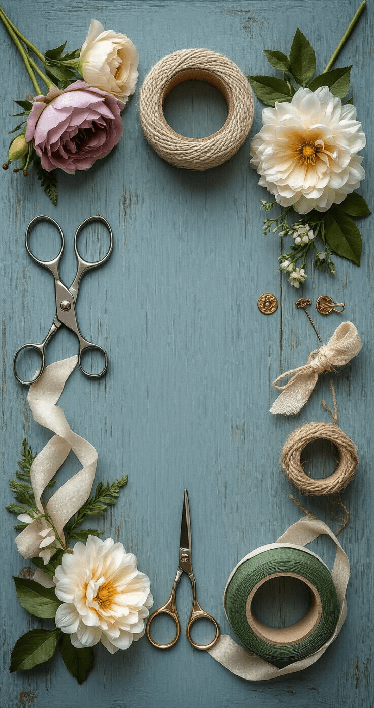 Overhead view of a weathered blue-gray wooden surface featuring a professional floral toolkit, including matte silver scissors, forest green floral tape, and gold-plated boutonniere pins, surrounded by premium silk flowers in cream and mauve tones, with raw silk ribbon and twine coils, styled with negative space.