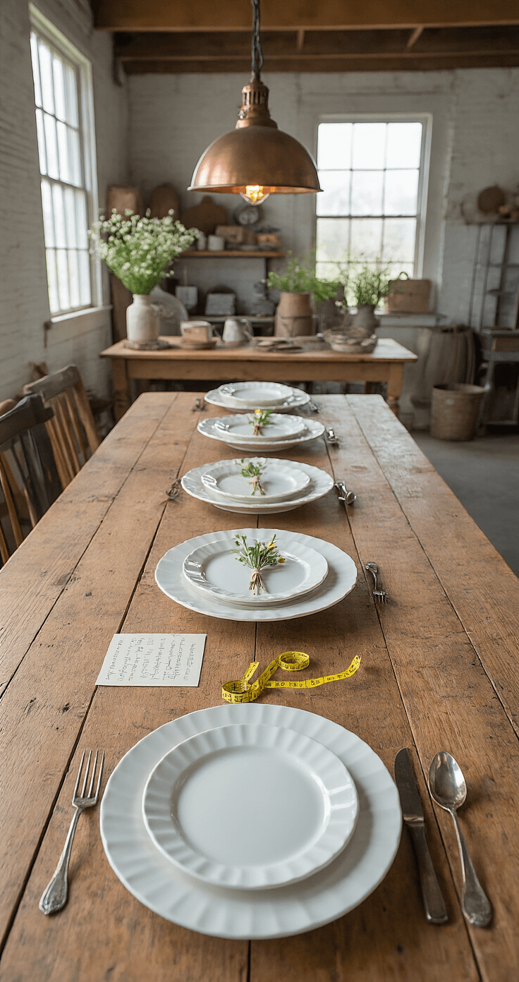 Wide-angle image of an 8ft farmhouse table under industrial pendant lighting, featuring four white ceramic plates showcasing progressive boutonniere assembly stages. The scene includes vintage measuring tape, handwritten instruction cards, and a natural linen backdrop for subtle texture, with cool lighting and copper accents creating a warm atmosphere.