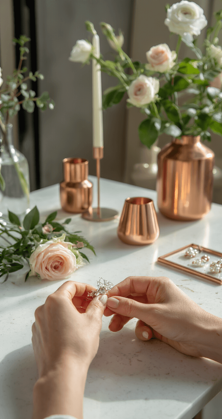 Macro shot of hands crafting a boutonniere with velvet ribbon, pearl pins, and garden roses on a white quartz surface, highlighted by dramatic side lighting, with blurred copper vessels and geometric accessories in the background.