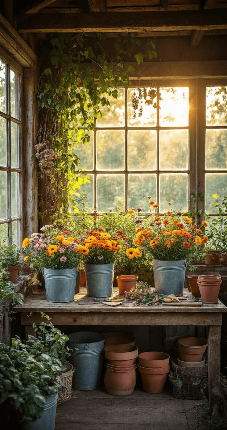 A rustic potting shed interior bathed in golden afternoon light, featuring vintage zinc buckets filled with vibrant garden flowers, a worn wooden table with boutonniere supplies, terracotta pots, and garden tools, all adorned with climbing vines and dried flowers hanging from wooden beams.