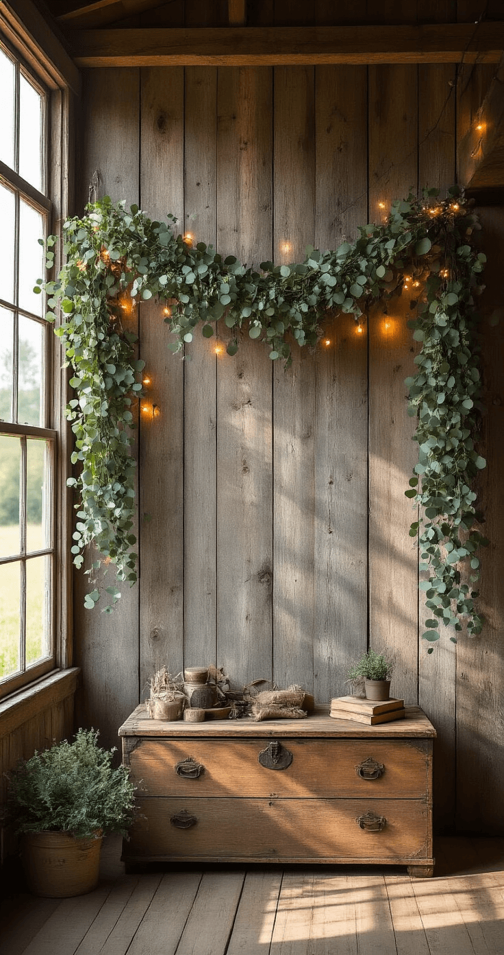 Interior of a vintage barn with weathered wood panels, cascading eucalyptus garlands, and string lights, featuring a distressed wooden chest with vintage props; natural light creates warm highlights.