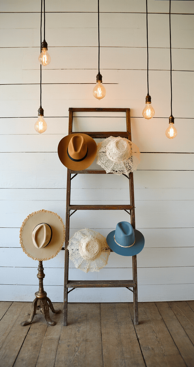 An intimate corner setup featuring an 8x8' prop station against whitewashed shiplap, showcasing an antique ladder display with brass frames, lace parasols, and felt cowboy hats at varying heights, illuminated by warm Edison bulbs, with a low camera angle highlighting the vertical composition and a color palette of cream, copper, and dusty blue in golden hour light.
