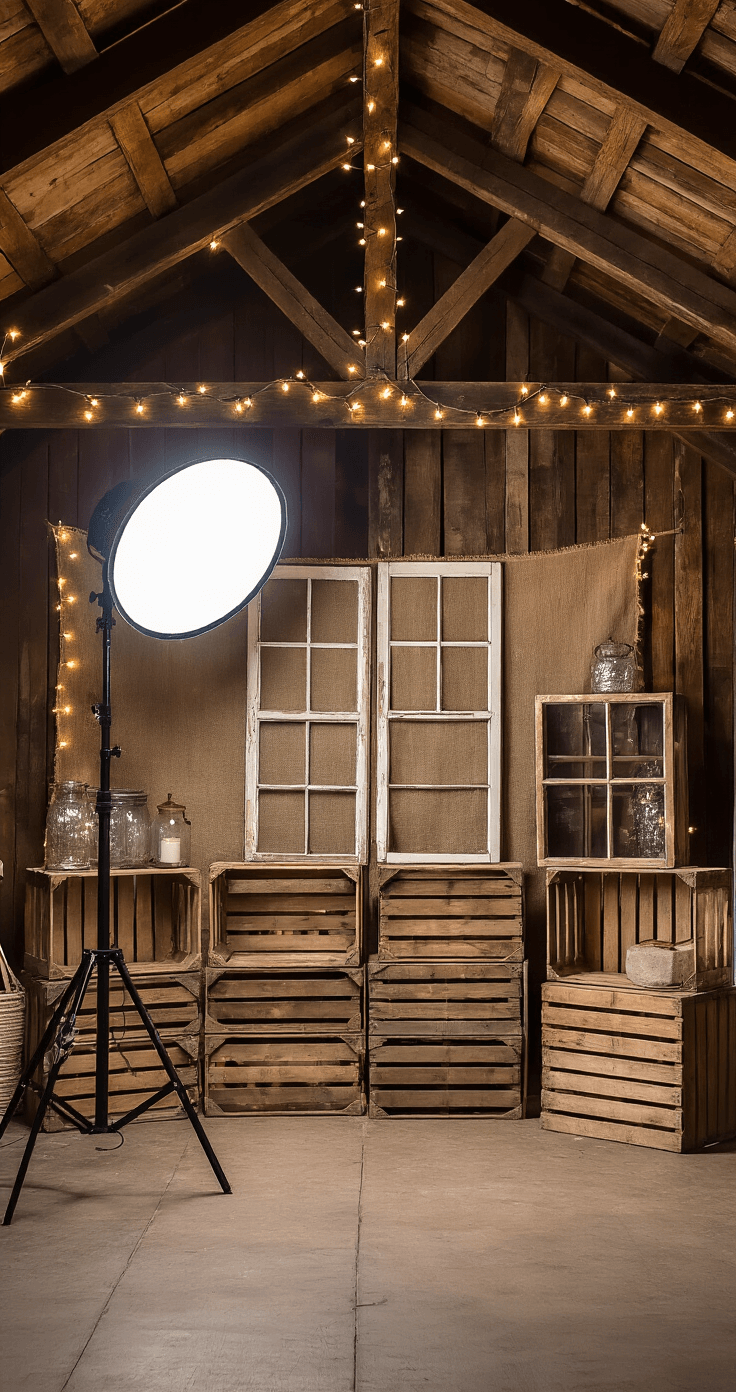 Professional lighting setup in a rustic barn with 12-foot ceilings, featuring a ring light, twinkle lights in wooden crates, and vintage window frames, all contributing to a warm, evening ambiance.
