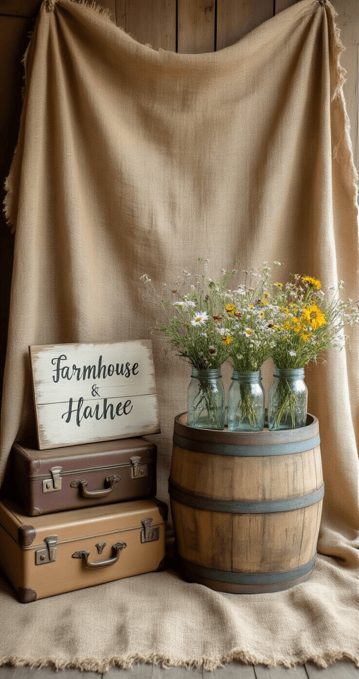 A cozy farmhouse-style vignette featuring a draped burlap backdrop, a wooden barrel filled with mason jars of wildflowers, and hand-lettered signs leaning against vintage suitcases, all captured in warm natural light.