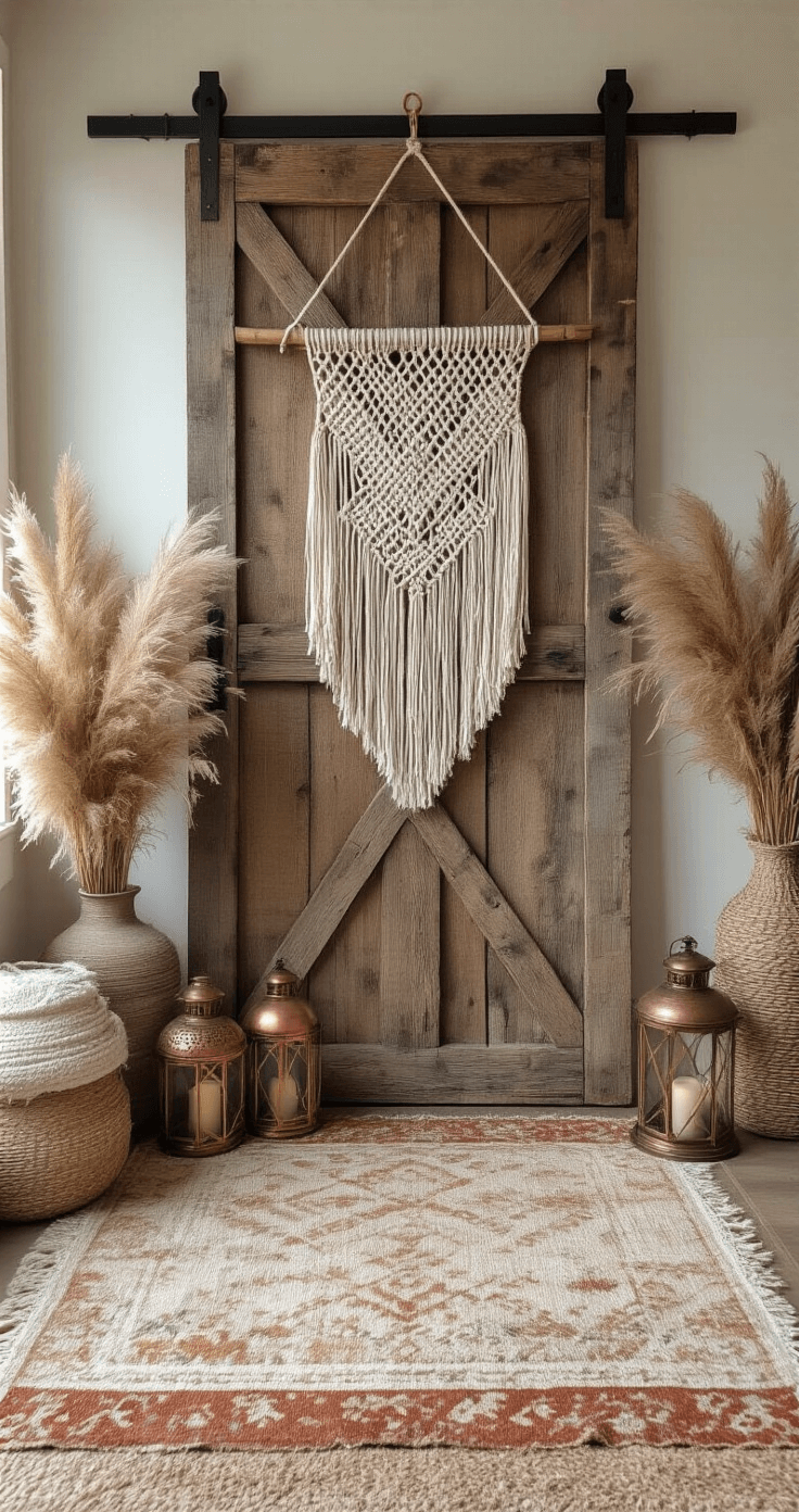 A boho-rustic corner featuring a macramé wall hanging on a reclaimed barn door, surrounded by layered vintage rugs, copper lanterns, and dried pampas grass. The scene is captured from a dramatic upward angle, with afternoon light casting subtle shadows through the macramé. The palette includes ivory, rust, and wheat tones, highlighting woven textiles and aged metal elements.
